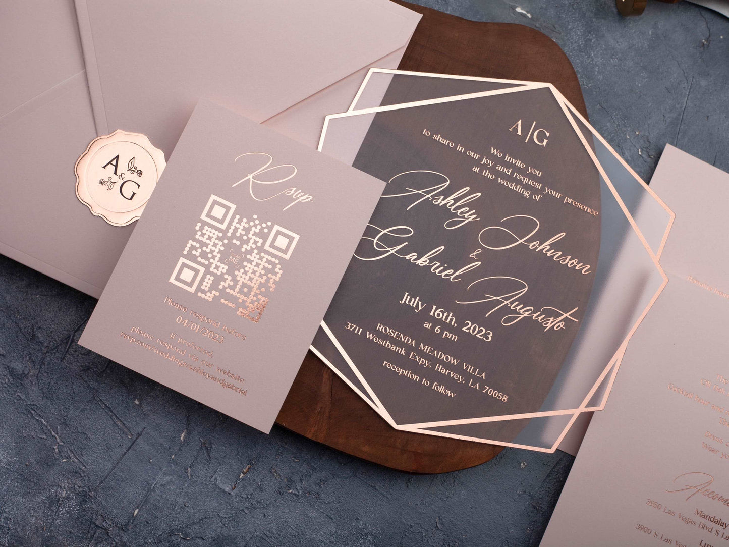 Blush Pink and Rose Gold Acrylic Wedding Invitation