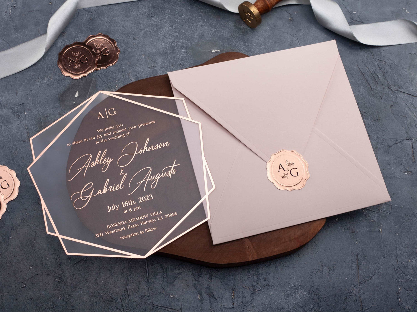 Blush Pink and Rose Gold Acrylic Wedding Invitation