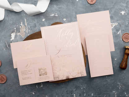 Blush Pink and Rose Gold Floral Acrylic Wedding Invitation