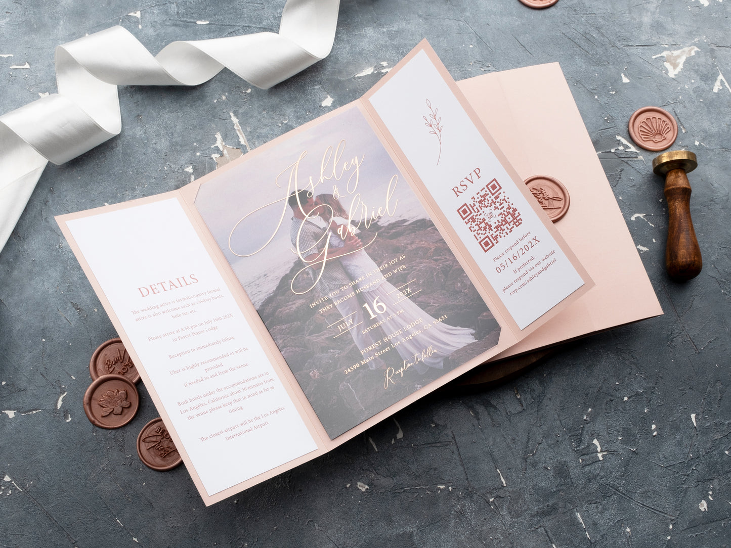 Blush Pink & Rose Gold Foil Acrylic Invitation with Gatefold Jacket