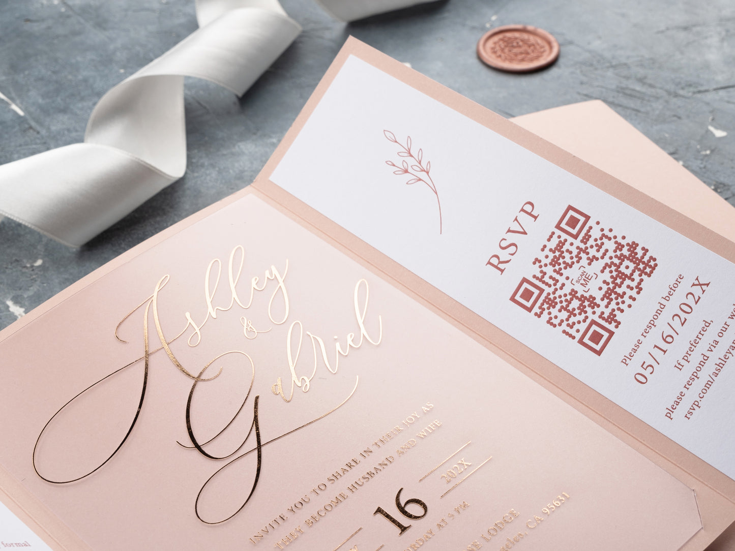 Blush Pink & Rose Gold Foil Acrylic Invitation with Gatefold Jacket