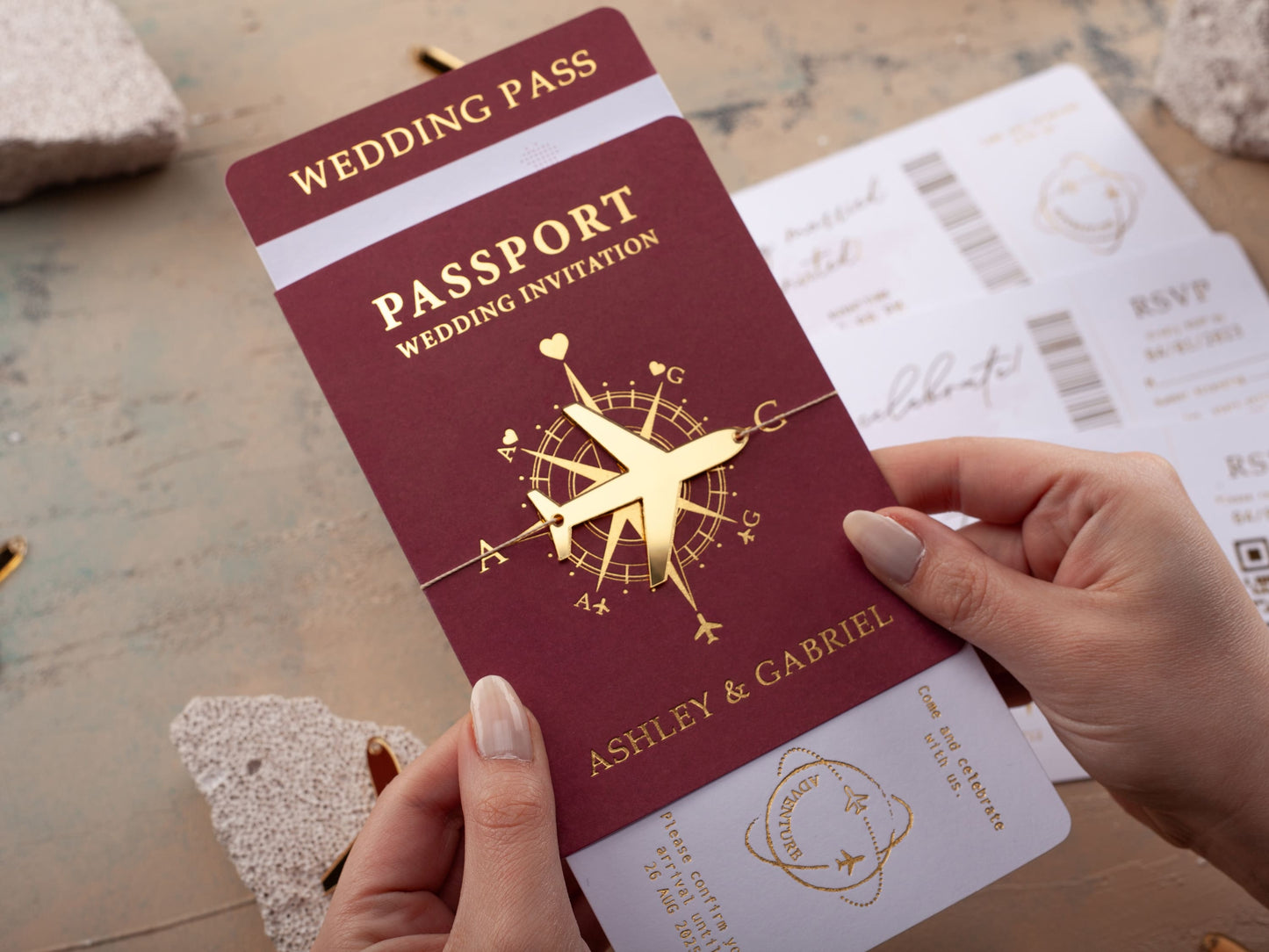 Burgundy Boarding Pass Wedding Invitation with Gold Foil