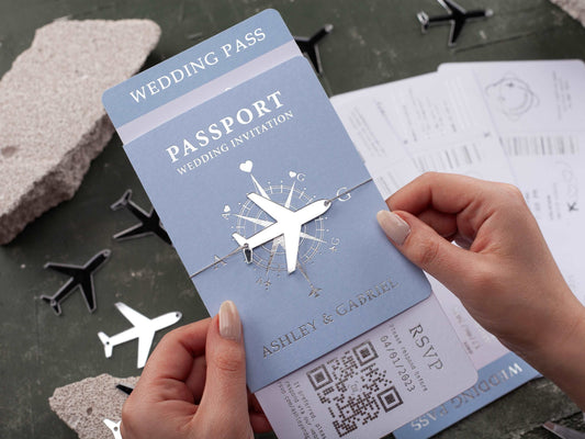 Baby Blue Boarding Pass Wedding Invitation with Silver Foil