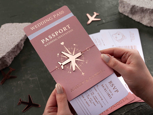 Boarding Pass Wedding Invitation, Pink and Rose Gold Foil