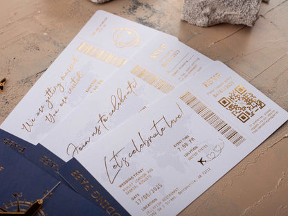 Navy Blue and Gold Foil Boarding Pass Wedding Invitation