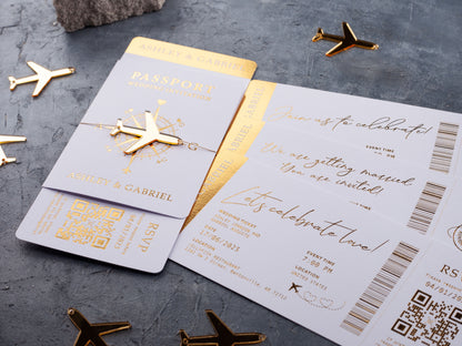 White Passport Wedding Invitation with Gold Foil