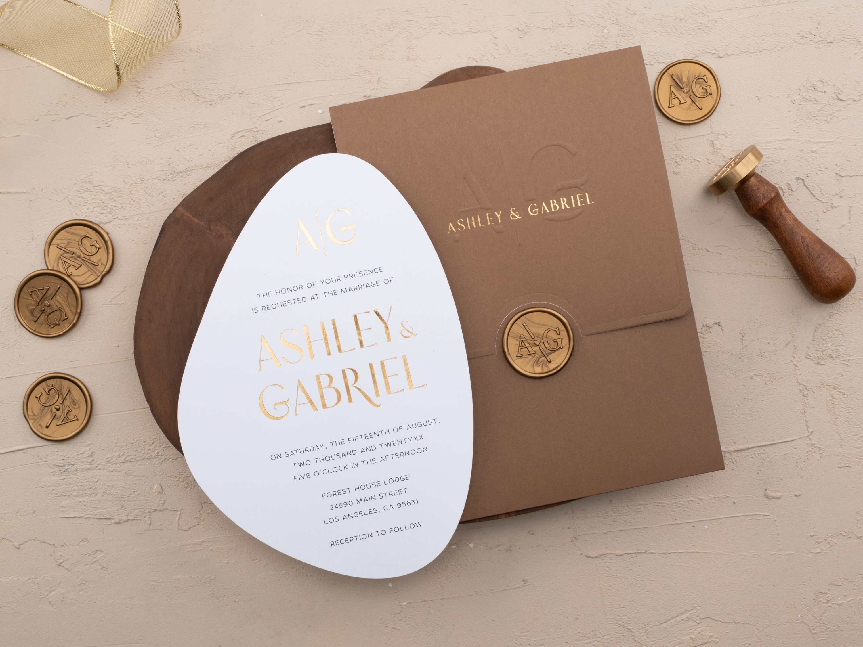 Brown and Gold Modern Shape Wedding Invitation