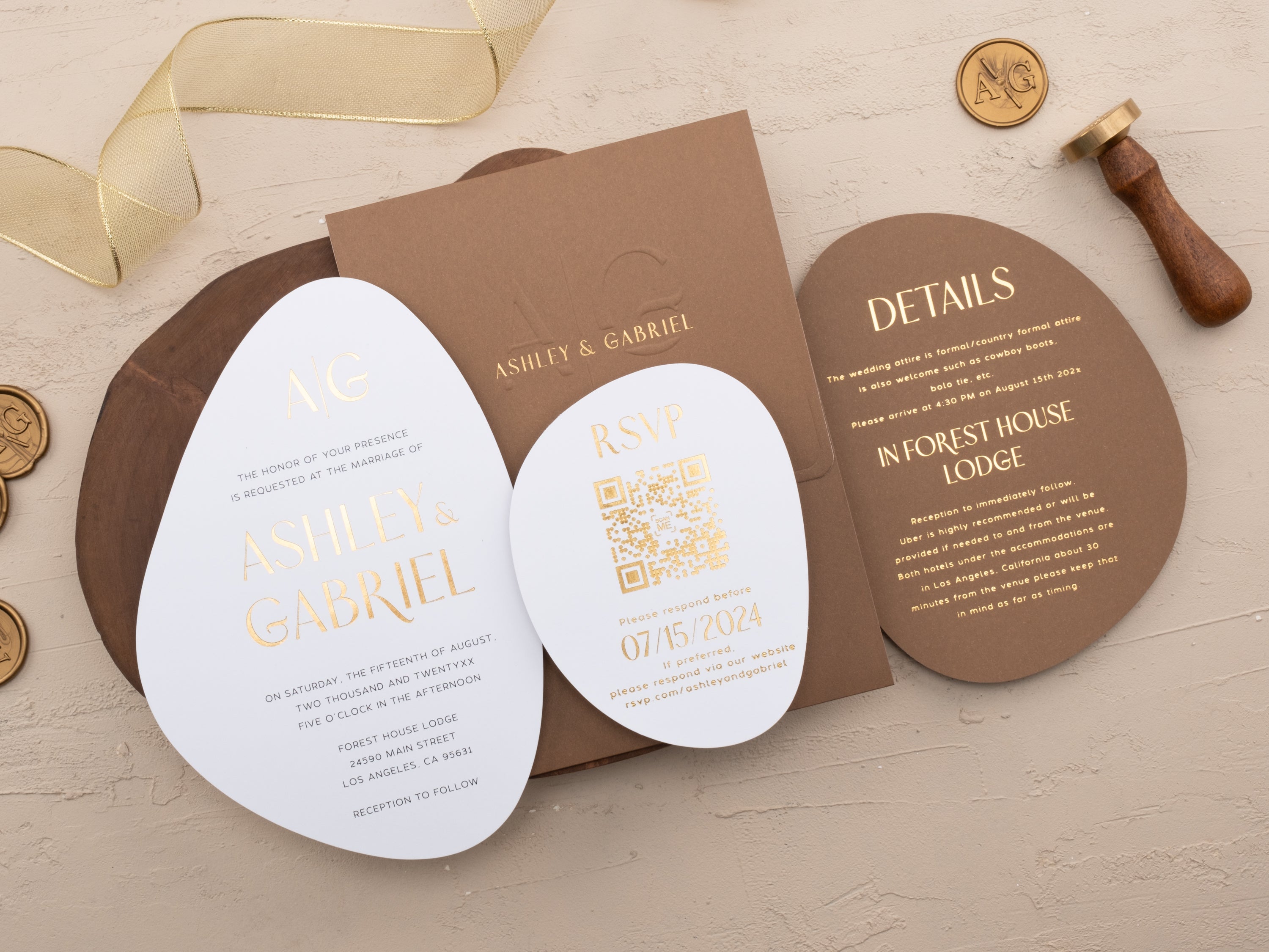 Brown and Gold Modern Shape Wedding Invitation
