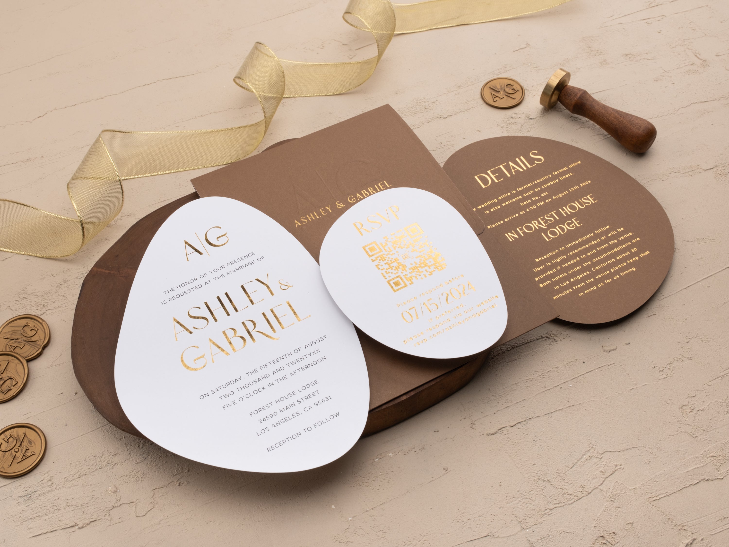 Brown and Gold Modern Shape Wedding Invitation