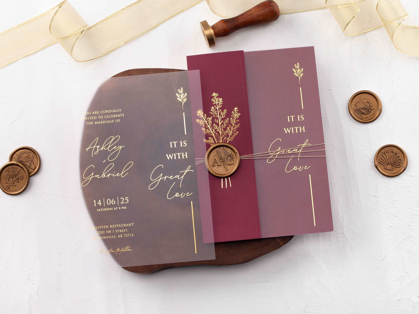 Acrylic Invitation with Gold Foil and Burgundy Folded Jacket