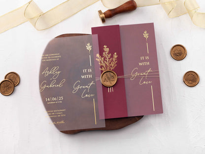 Acrylic Invitation with Gold Foil and Burgundy Folded Jacket