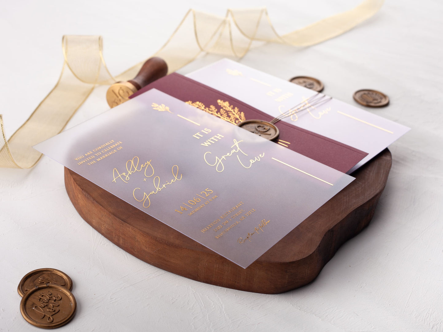 Acrylic Invitation with Gold Foil and Burgundy Folded Jacket