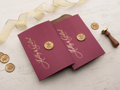 Elegant Gatefold Burgundy and Gold Foil Acrylic Wedding Invitation