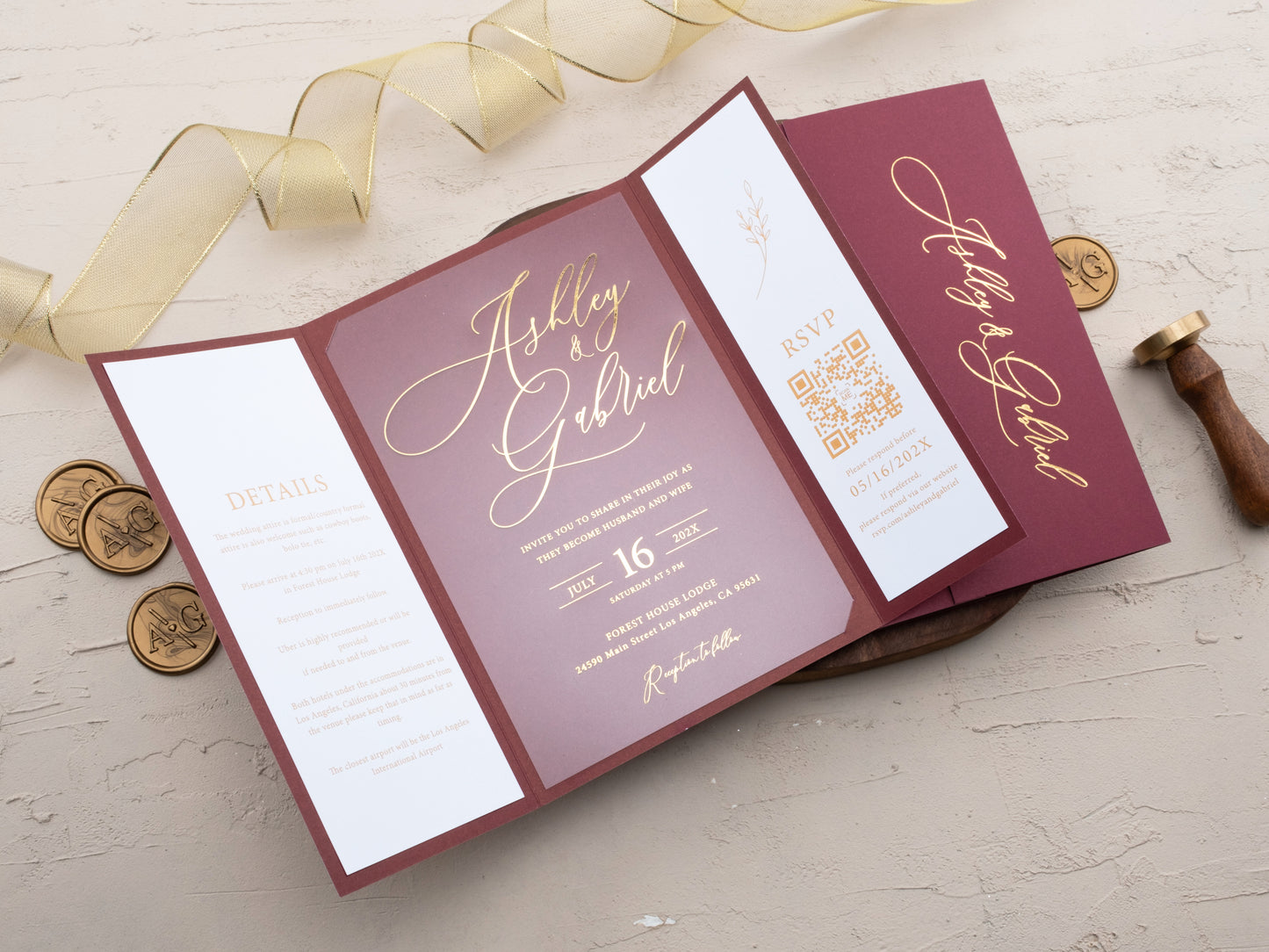 Elegant Gatefold Burgundy and Gold Foil Acrylic Wedding Invitation