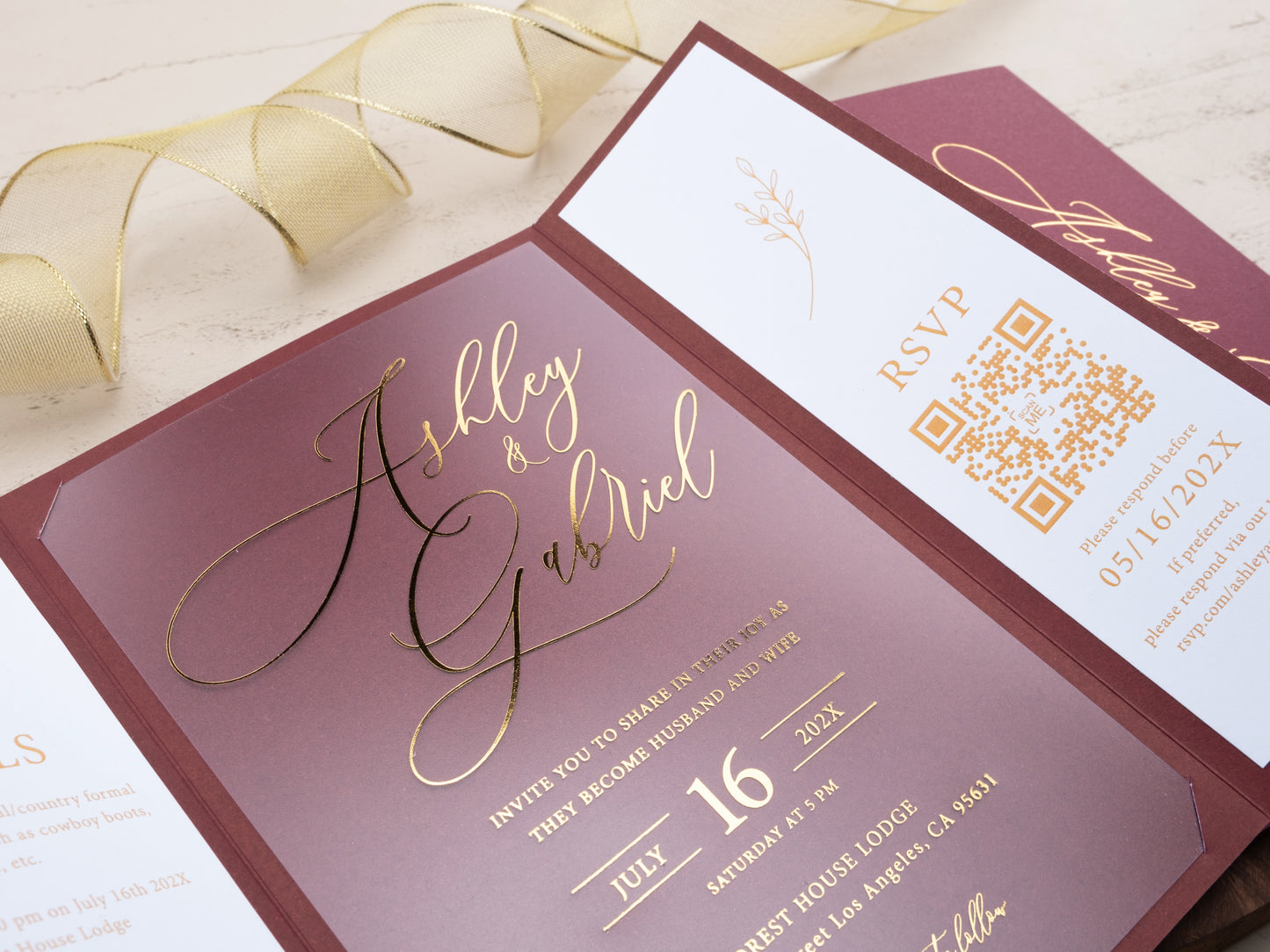 Elegant Gatefold Burgundy and Gold Foil Acrylic Wedding Invitation