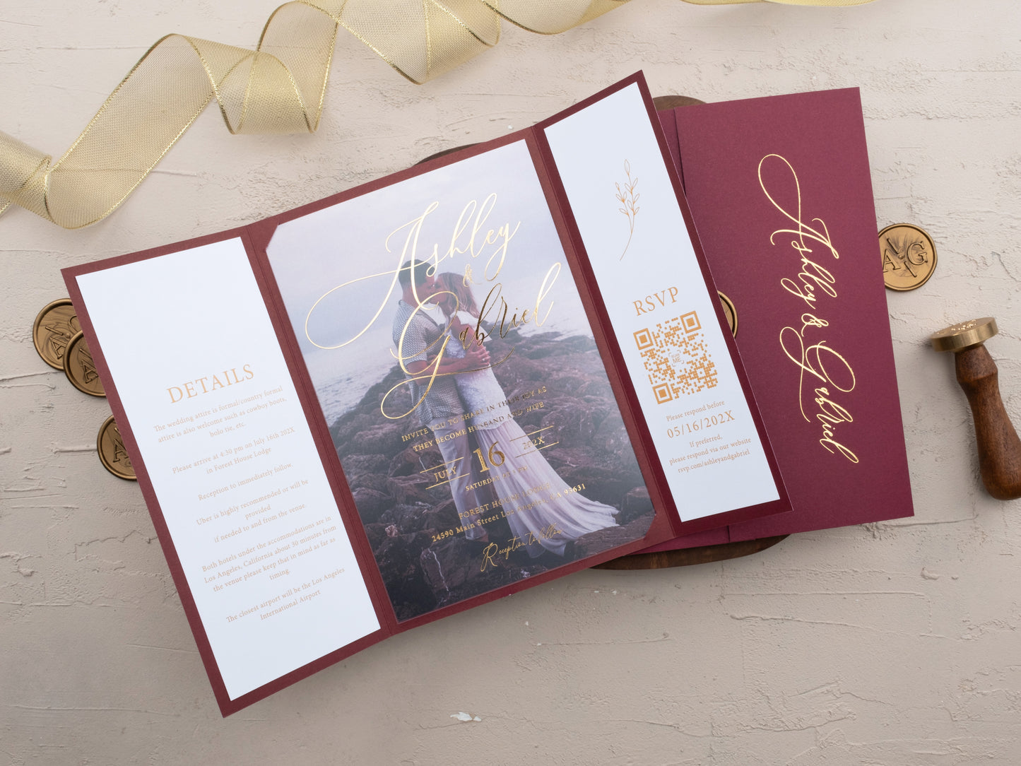 Elegant Gatefold Burgundy and Gold Foil Acrylic Wedding Invitation