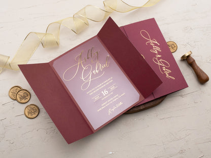 Elegant Gatefold Burgundy and Gold Foil Acrylic Wedding Invitation