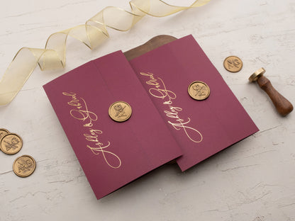 Burgundy and Gold Foil Acrylic Trifold Wedding Invitation