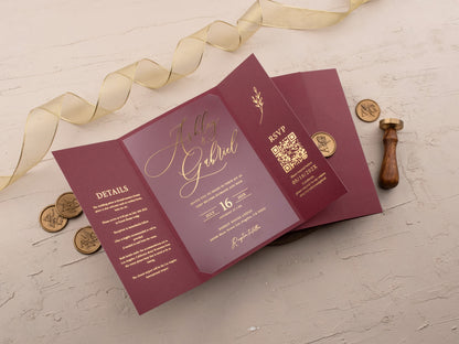 Burgundy and Gold Foil Acrylic Trifold Wedding Invitation