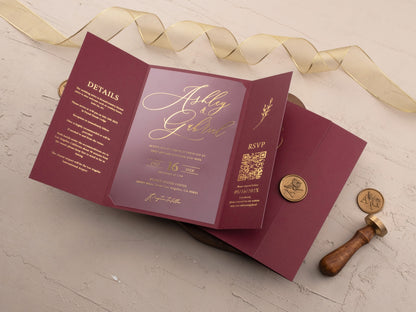 Burgundy and Gold Foil Acrylic Trifold Wedding Invitation