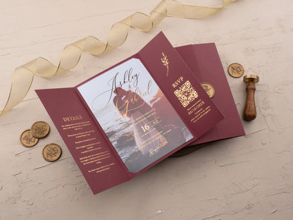 Burgundy and Gold Foil Acrylic Trifold Wedding Invitation