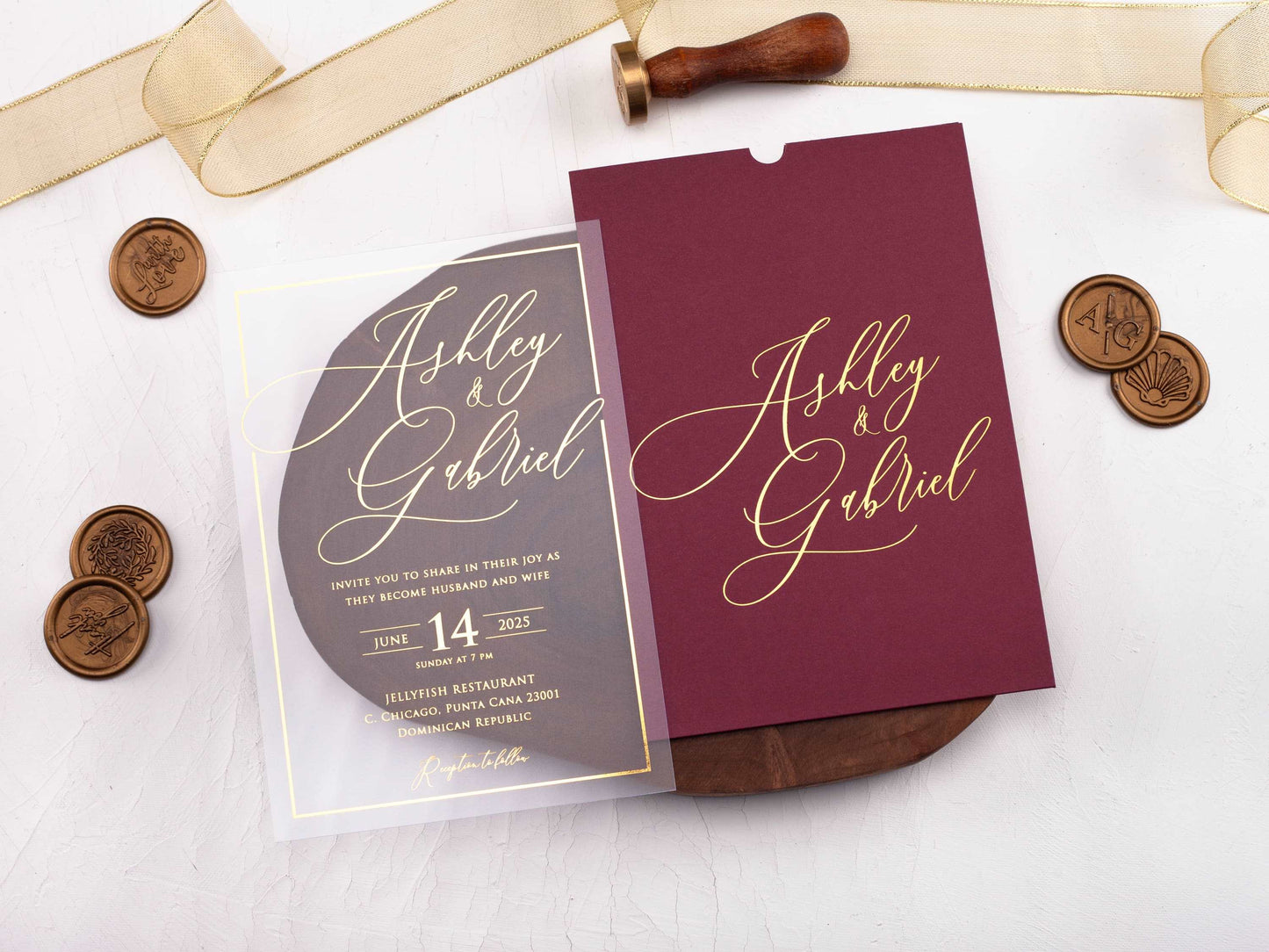 Acrylic Invitation with Gold Foil Print and Burgundy Sleeve Envelope