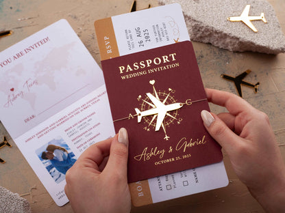 Burgundy Passport Wedding Invitation with Gold Foil