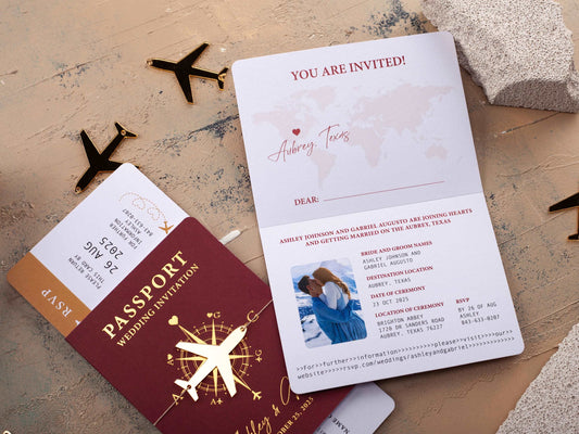 Burgundy Passport Wedding Invitation with Gold Foil