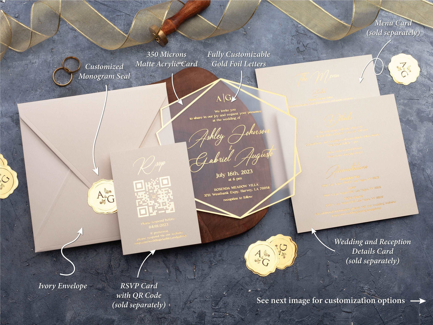 Ivory and Gold Acrylic Wedding Invitation