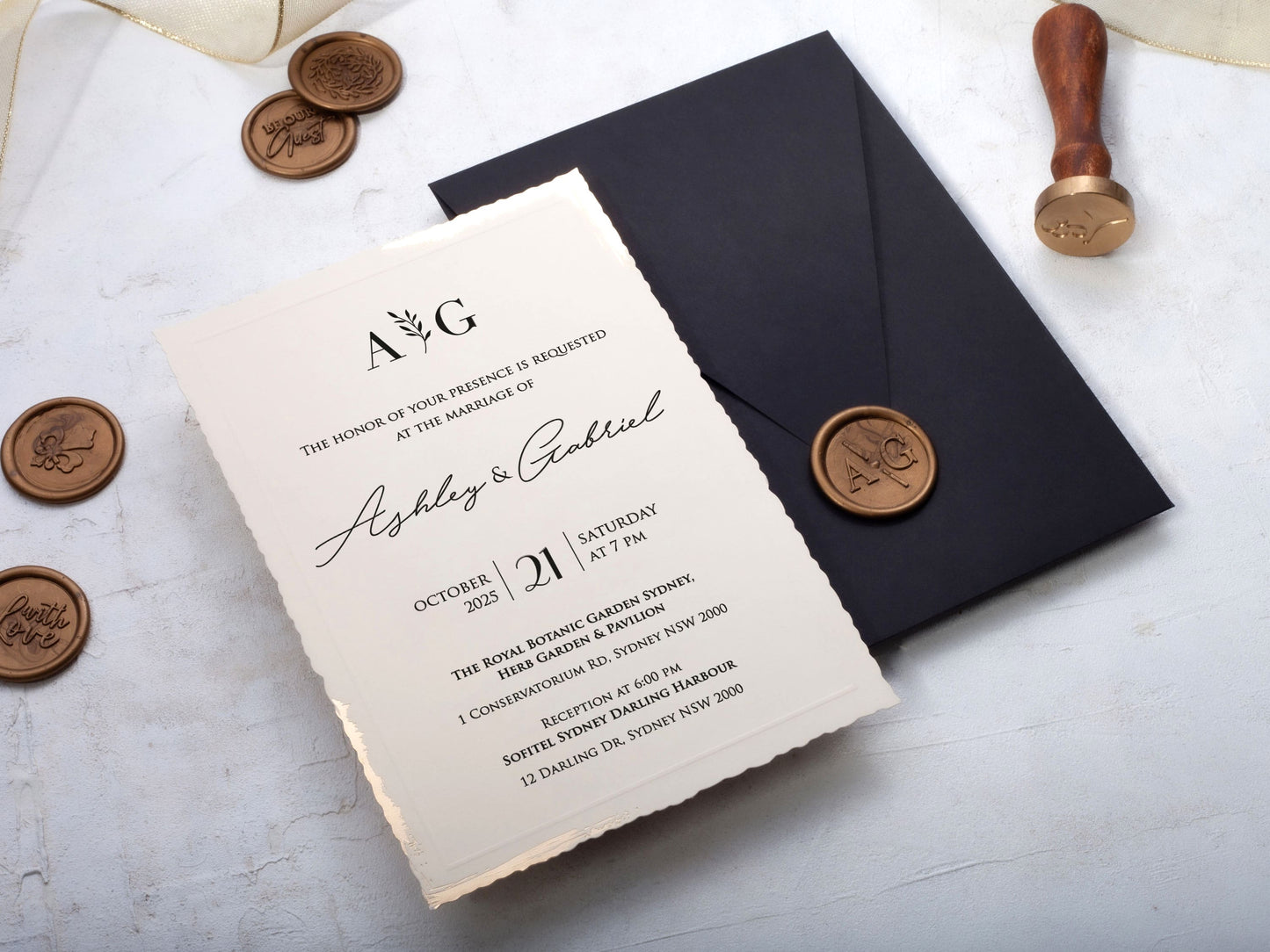 Deckled Edge Wedding Invitation with Black Envelope