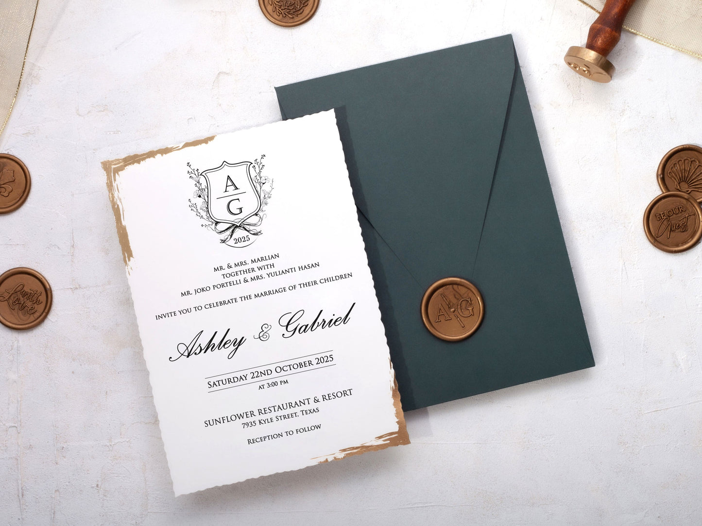 Deckled Edge Wedding Invitation with Green Envelope