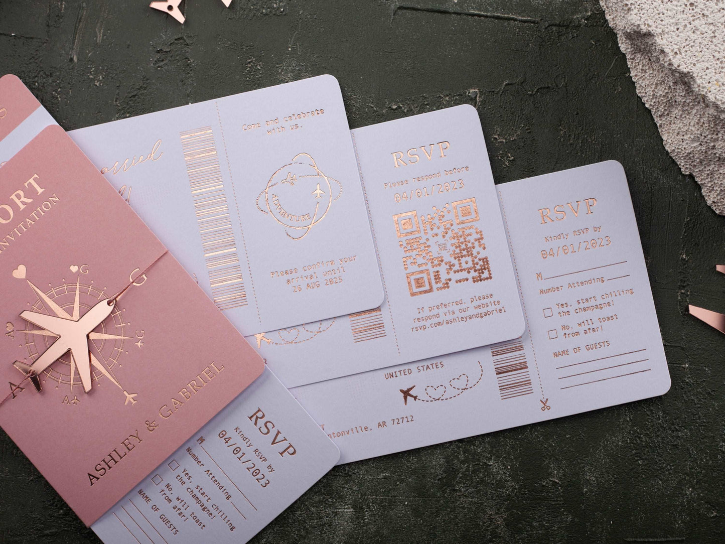 Boarding Pass Wedding Invitation, Pink and Rose Gold Foil