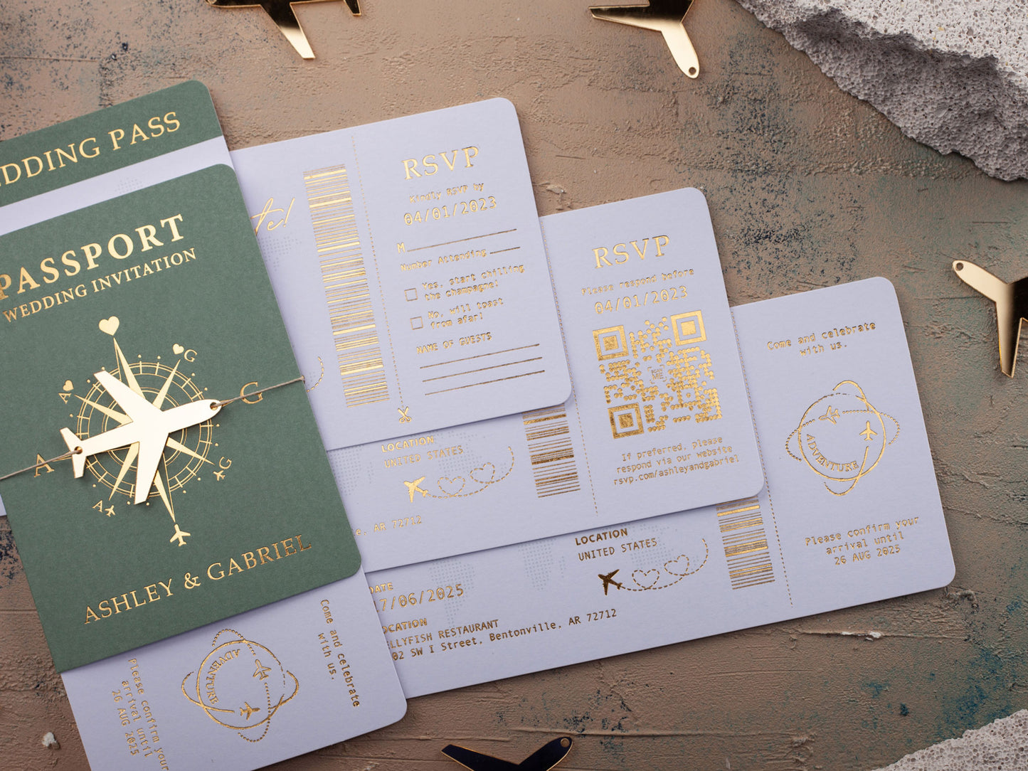 Sage Green Passport Wedding Invitation with Gold Letters