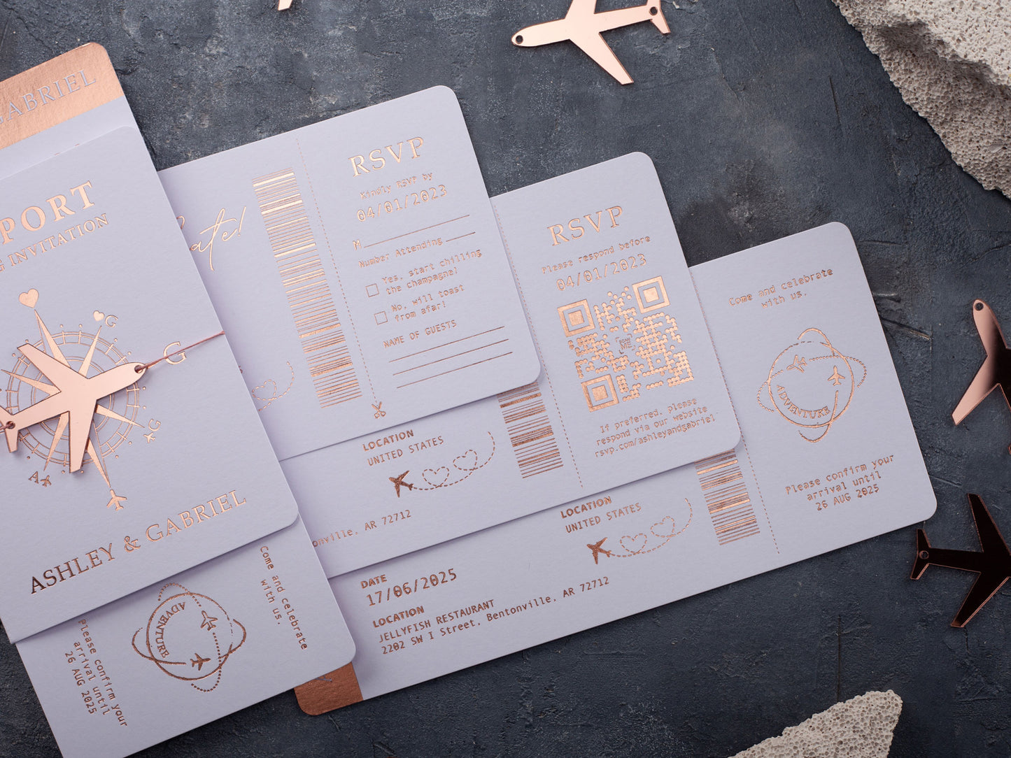 White Passport Wedding Invitation with Rose Gold Foil