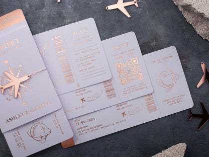 White Passport Wedding Invitation with Rose Gold Foil