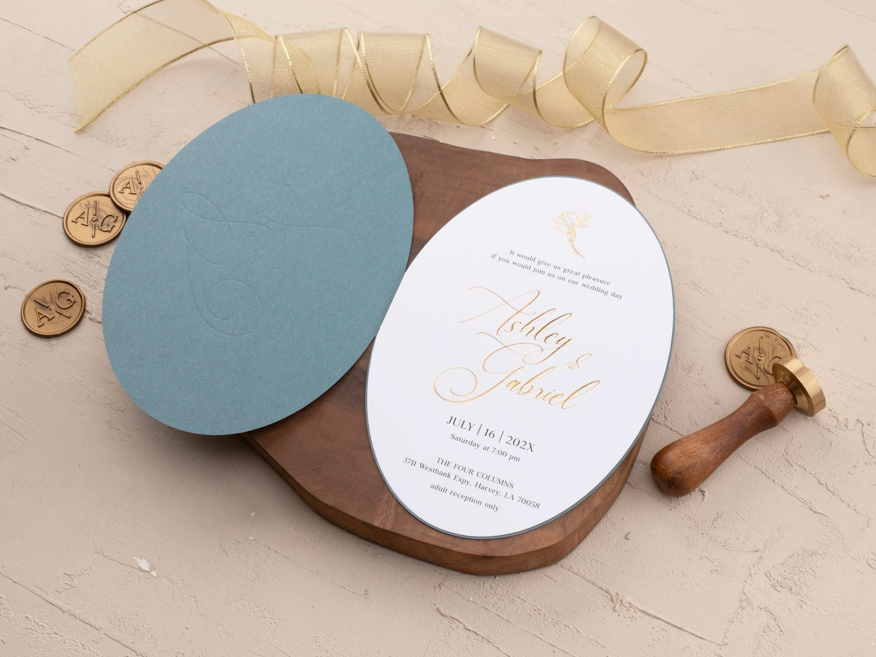 Dusty Blue & Gold Wedding Invitation with Floral Foil Design