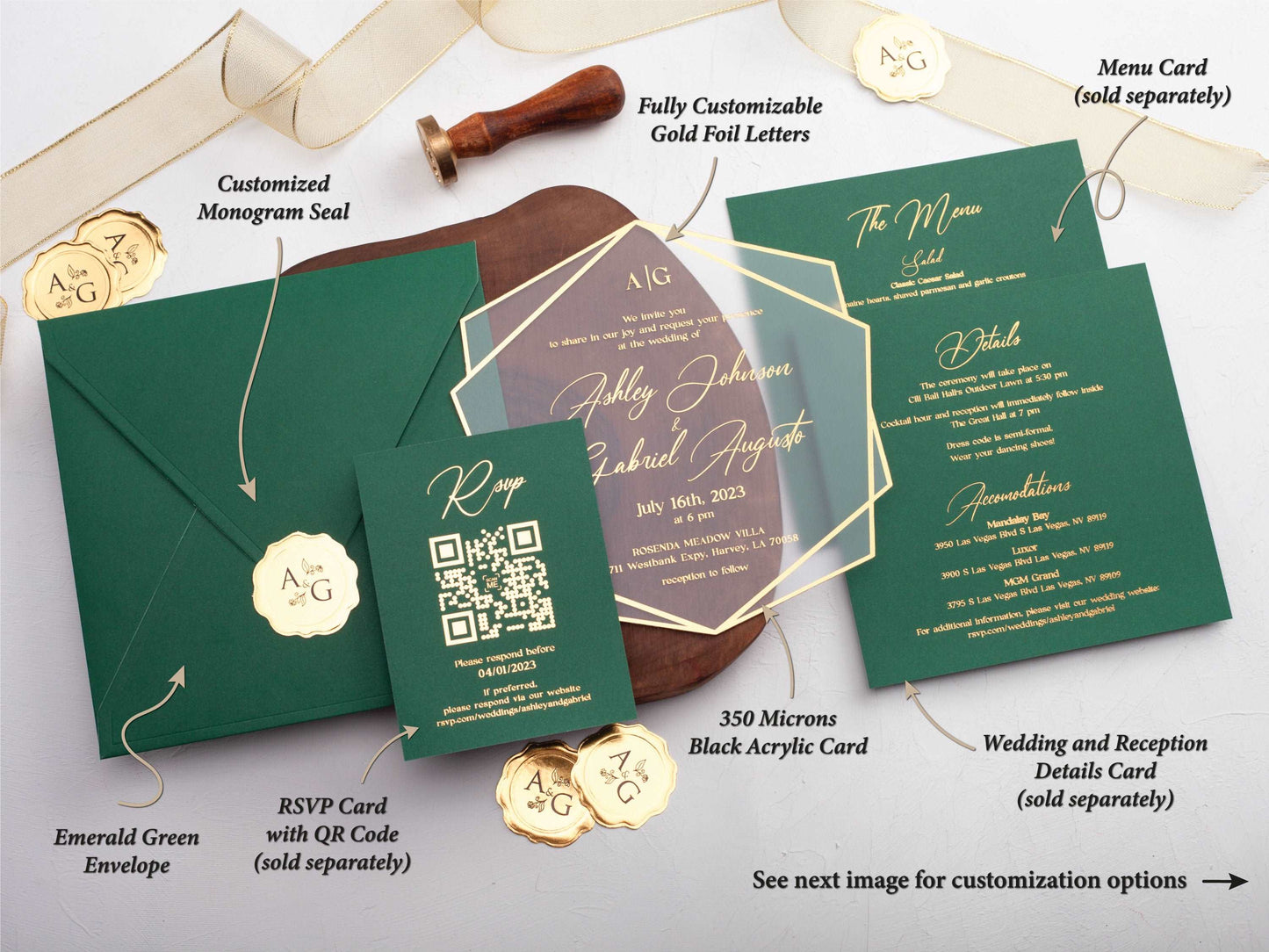 Emerald Green Acrylic Wedding Invitation with Gold Foil Print