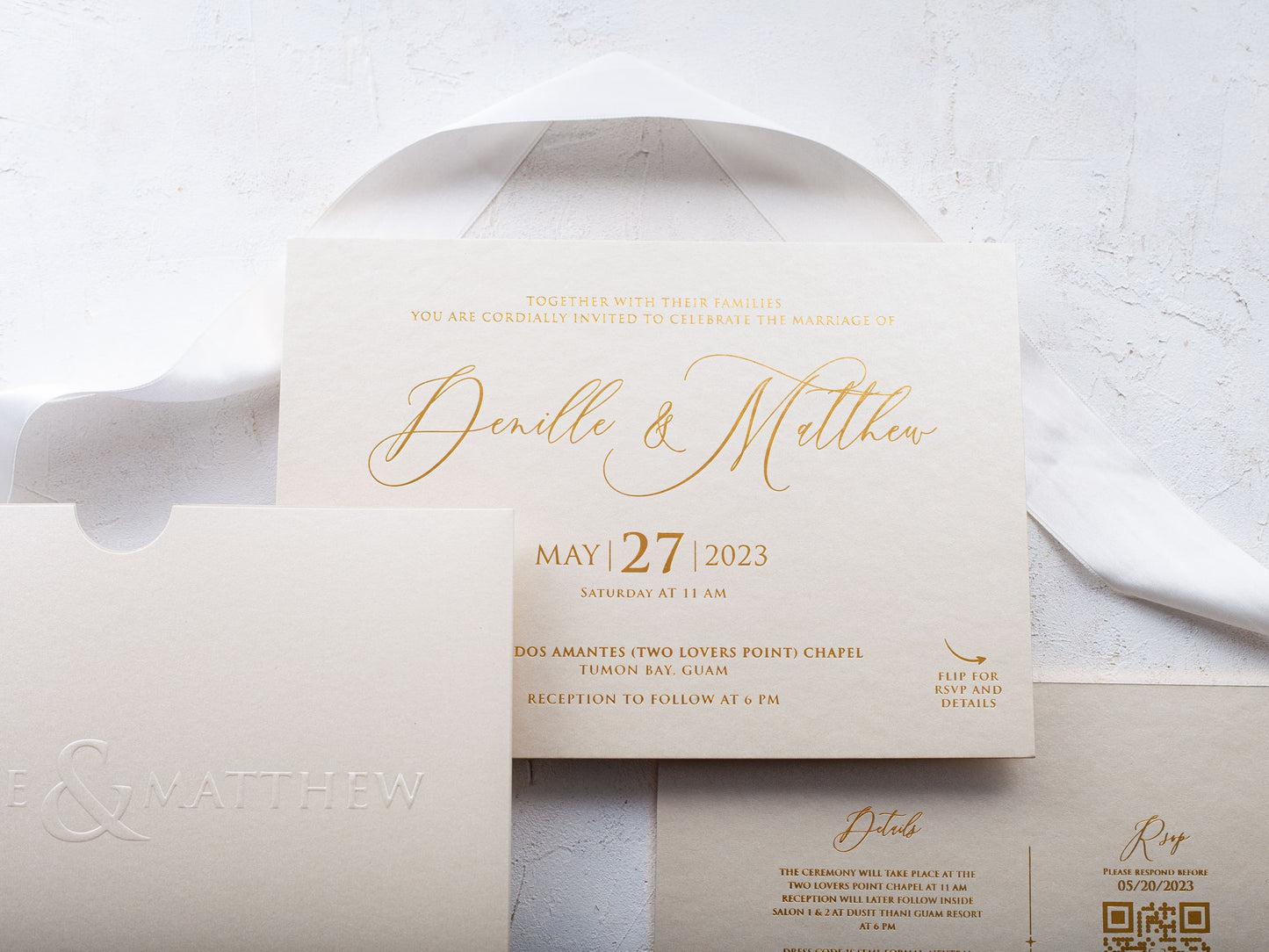 Ivory Embossed Wedding Invitation with Gold Foil