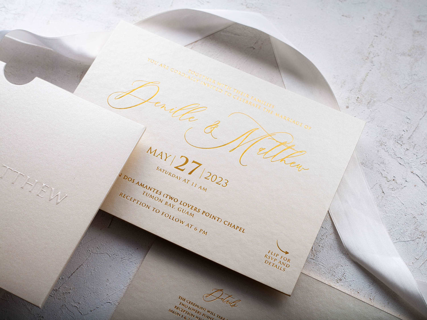 Ivory Embossed Wedding Invitation with Gold Foil