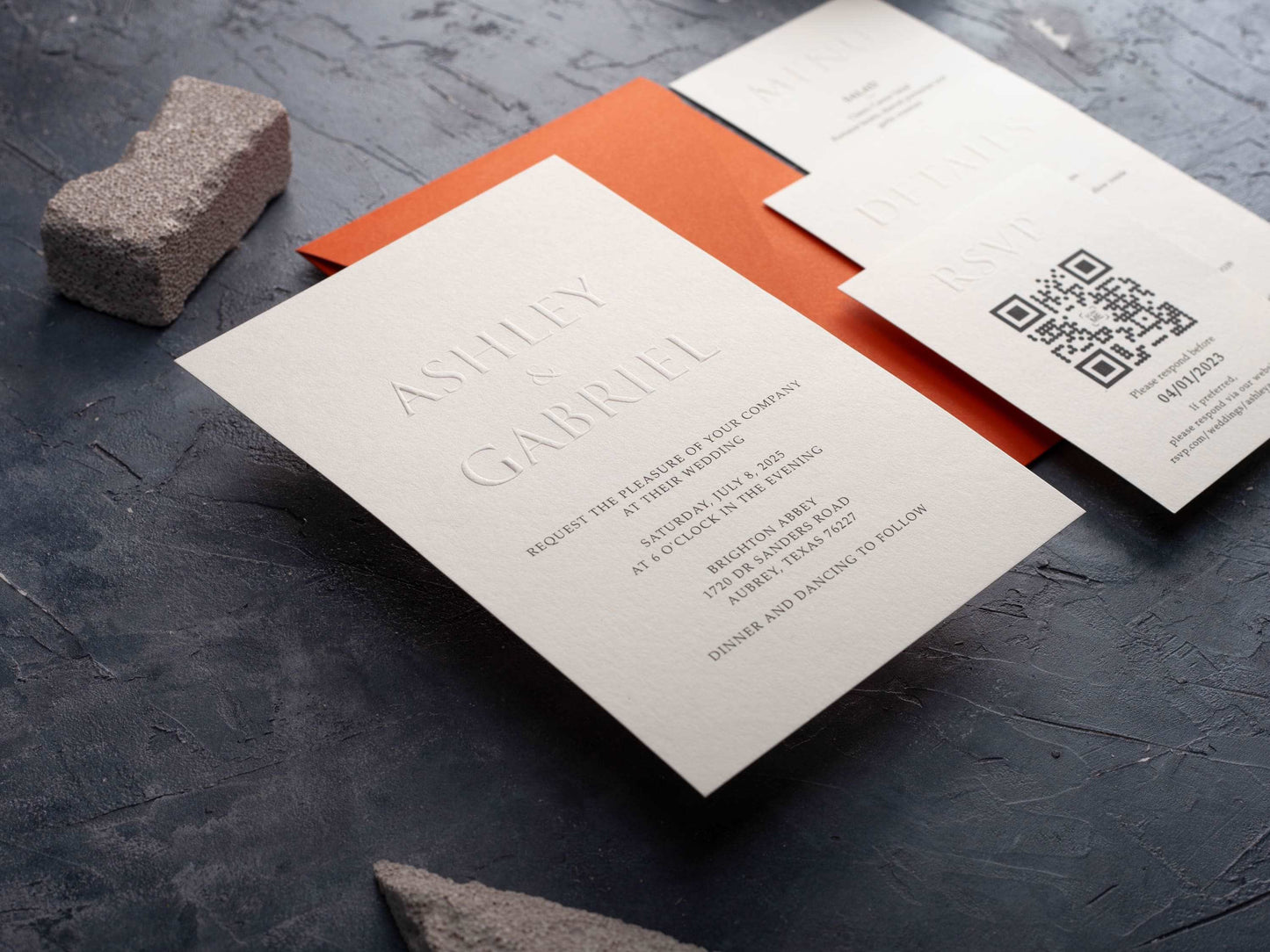 Embossed Wedding Invitation with Burnt Orange Envelope