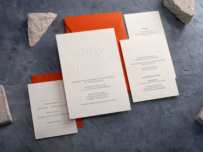 Embossed Wedding Invitation with Burnt Orange Envelope