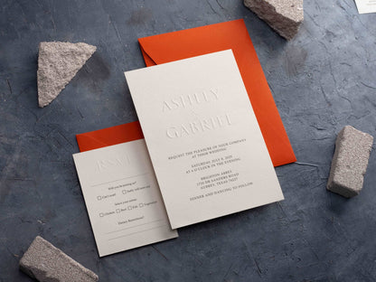 Embossed Wedding Invitation with Burnt Orange Envelope