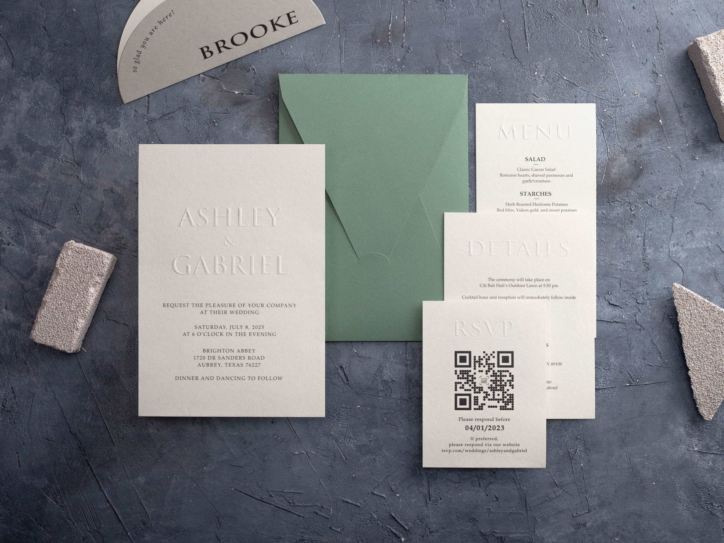 Embossed Wedding Invitation with Sage Green Envelope