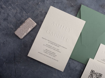 Embossed Wedding Invitation with Sage Green Envelope