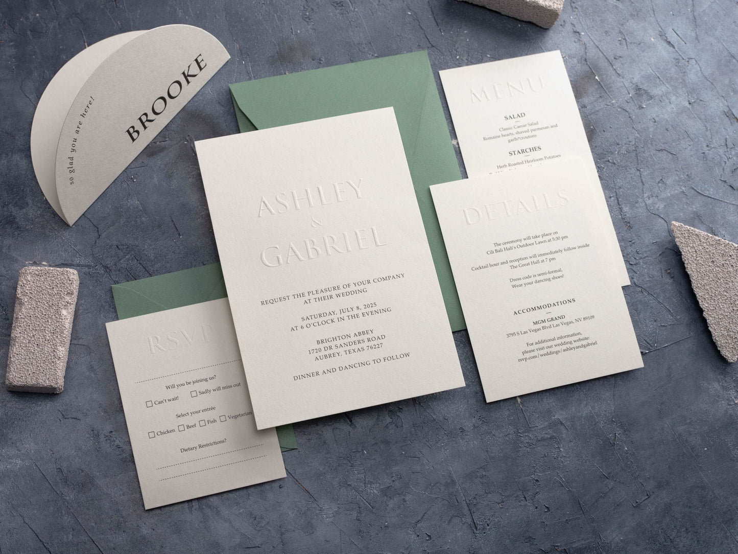 Embossed Wedding Invitation with Sage Green Envelope