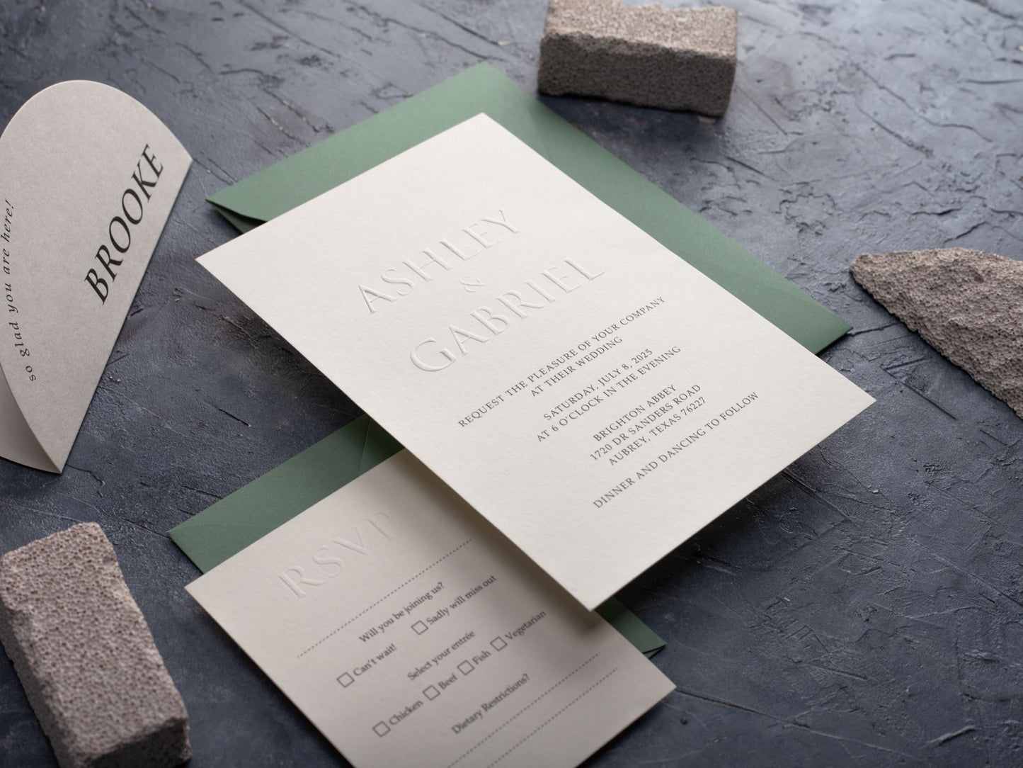 Embossed Wedding Invitation with Sage Green Envelope