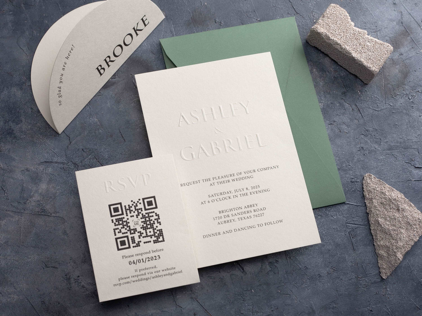 Embossed Wedding Invitation with Sage Green Envelope