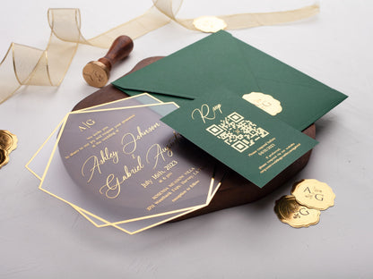 Emerald Green Acrylic Wedding Invitation with Gold Foil Print