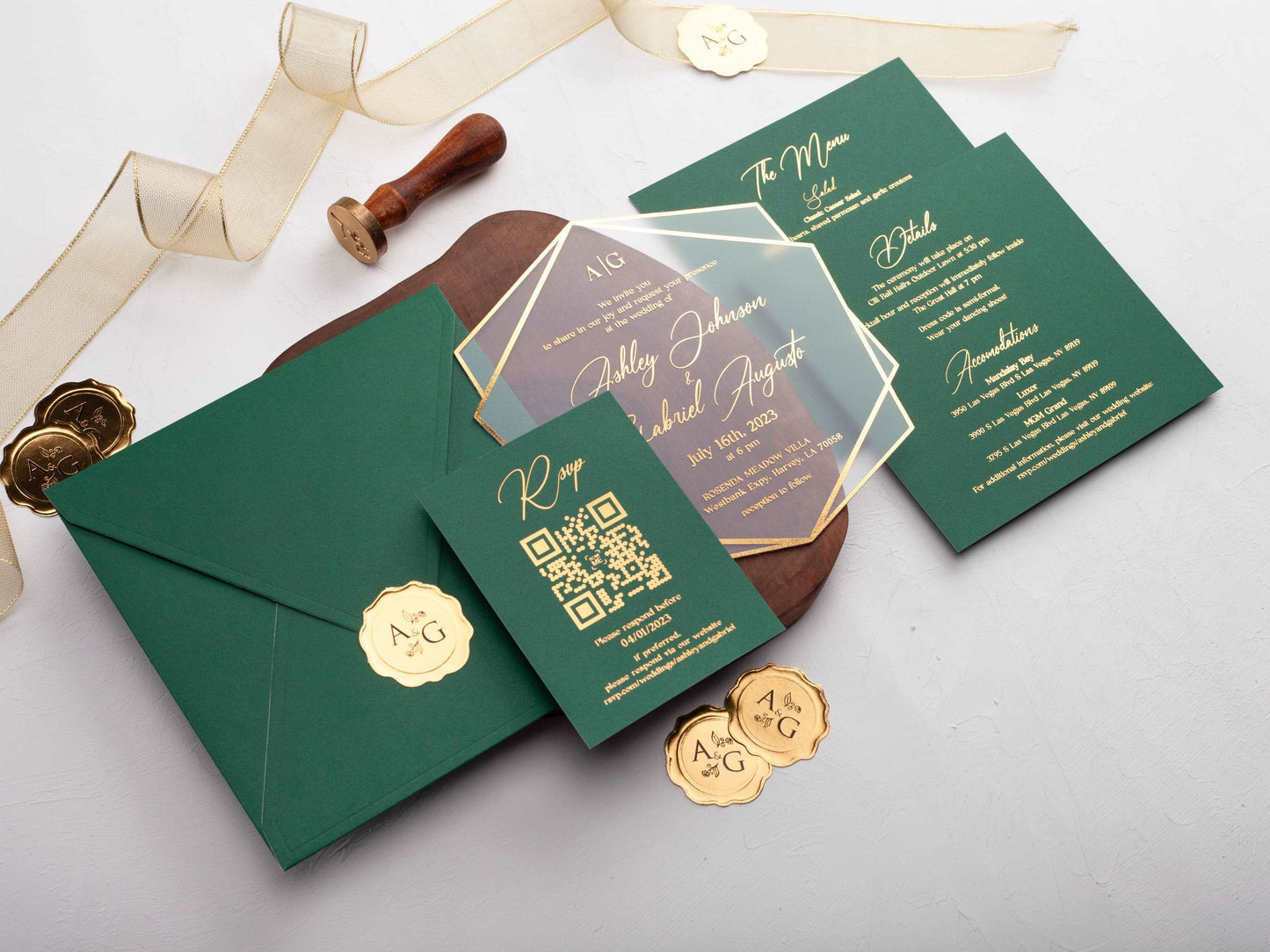 Emerald Green Acrylic Wedding Invitation with Gold Foil Print