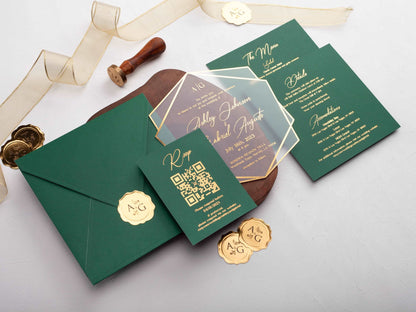 Emerald Green Acrylic Wedding Invitation with Gold Foil Print